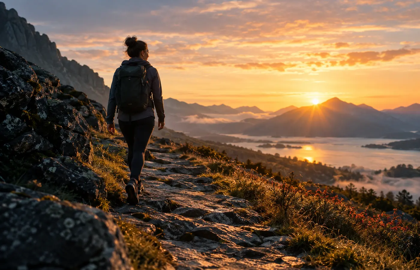 Symbolbild: Eine Frau geht auf einem Weg im warmen Morgenlicht