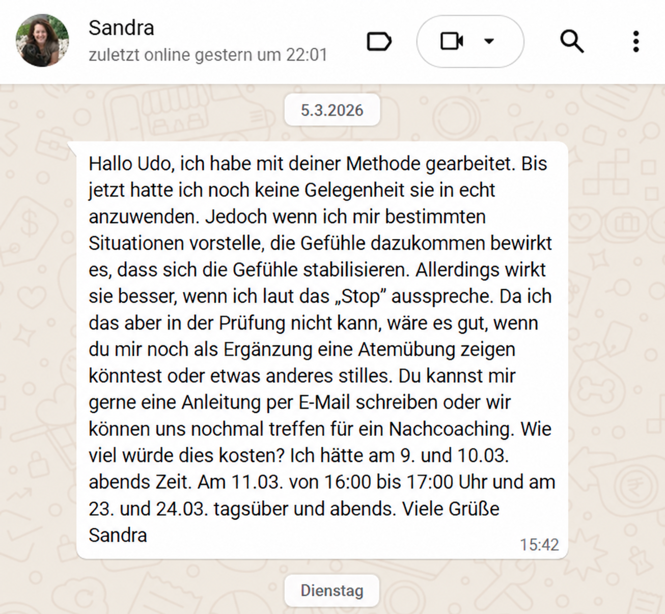 Dritte persönliche WhatsApp-Rückmeldung zur Begleitung bei Prüfungsangst