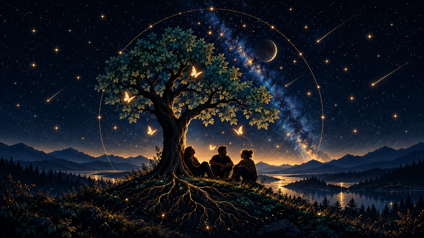 More Than Hope: Menschen unter einem Baum vor dem Sternenhimmel, mit leuchtenden Schmetterlingen