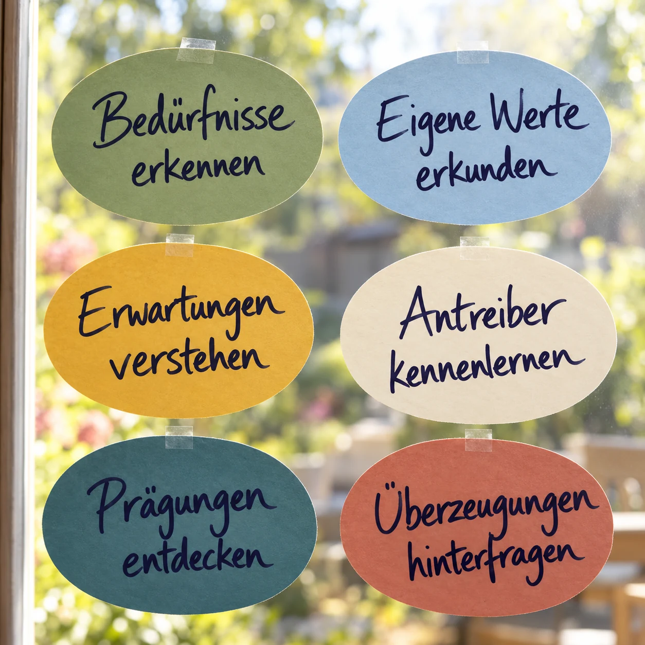 Bild mit sechs handbeschrifteten Moderationskarten: Bedürfnisse erkennen, eigene Werte erkunden, Erwartungen verstehen, Antreiber kennenlernen, Prägungen entdecken und Überzeugungen hinterfragen.