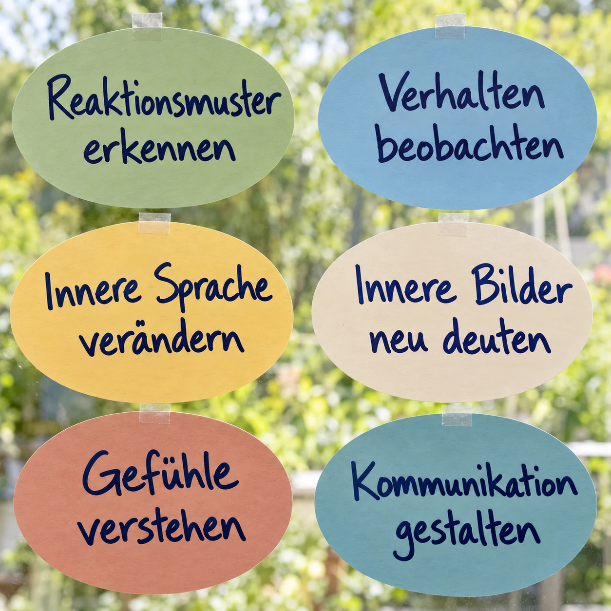 Bild mit sechs handbeschrifteten Moderationskarten: Reaktionsmuster erkennen, Verhalten beobachten, innere Sprache verändern, innere Bilder neu deuten, Gefühle verstehen und Kommunikation gestalten.