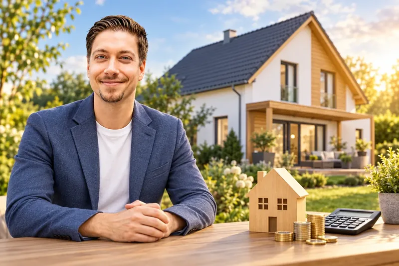 Udo Laubert im blauen Sakko vor einem Haus, mit Hausmodell und Taschenrechner – Bildmotiv zur Baufinanzierung