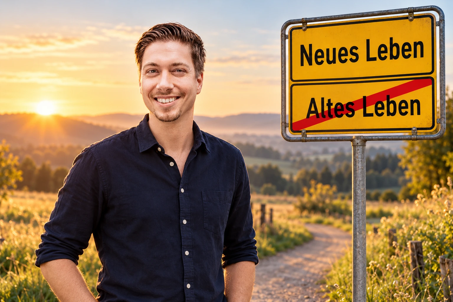KI-Motiv: Udo Laubert neben dem Ortsschild Neues Leben und durchgestrichenem Altes Leben